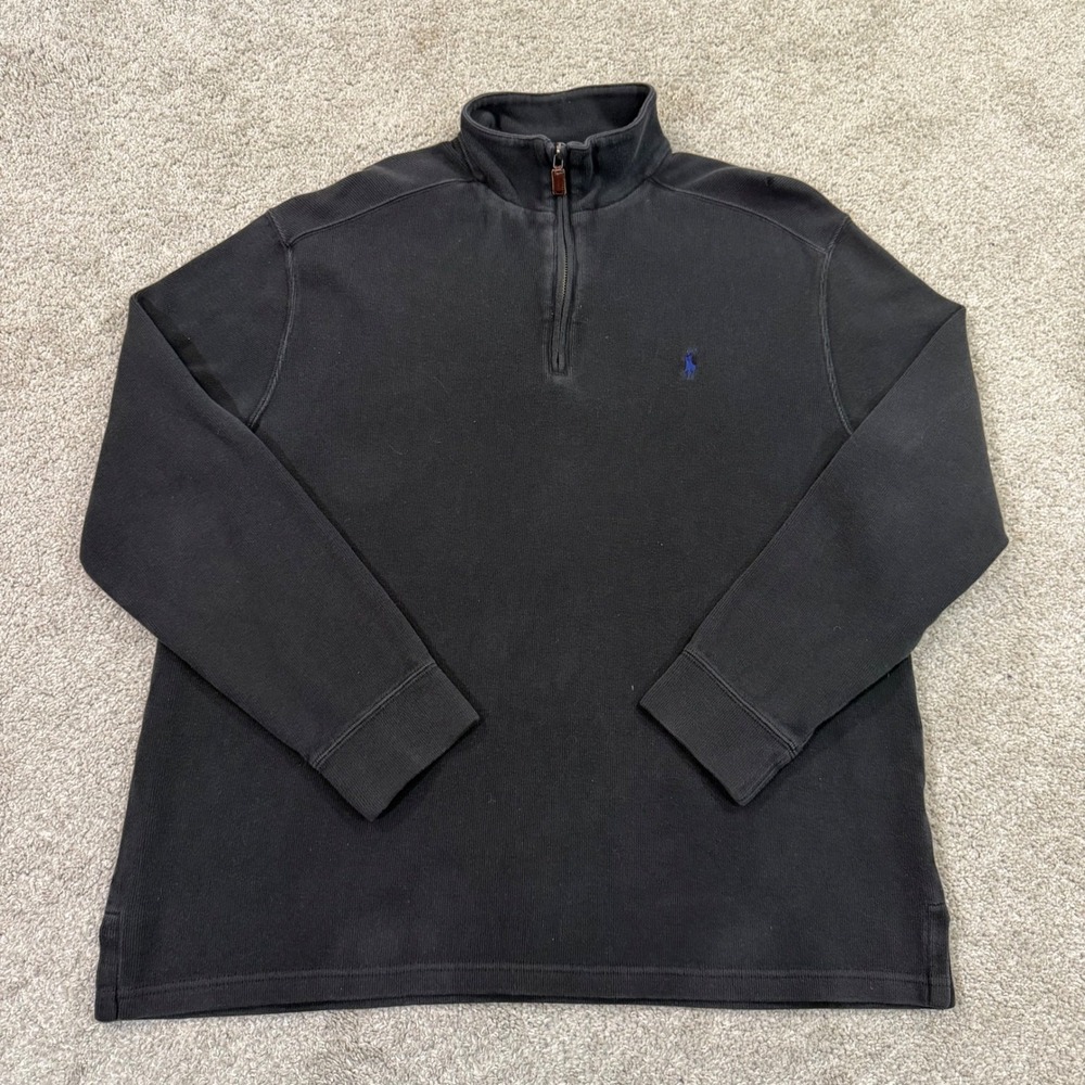 Polo Ralph Lauren 1/4 Zip Pullover Mens L Black Ribbed Cotton Preppy Pony Casual